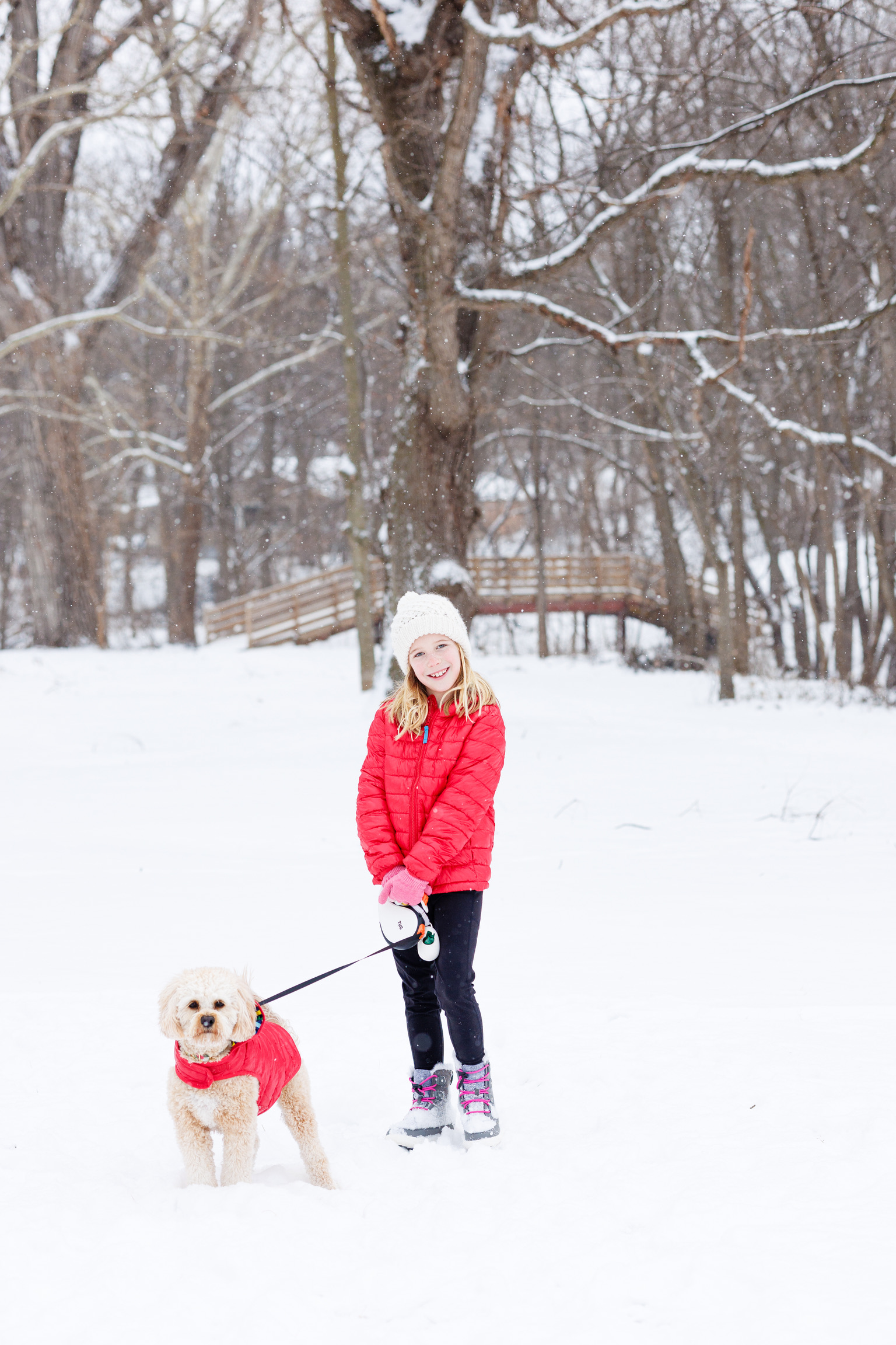 A child walking her puppy on a snowy afternoon